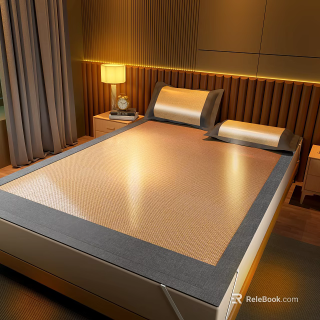 Modern Comfortable Bedroom With Golden Mat Wooden Headboard LED Strip And Gray Curtains 3d model 