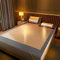 Modern Comfortable Bedroom With Golden Mat Wooden Headboard LED Strip And Gray Curtains