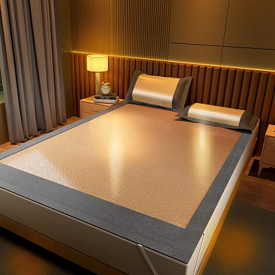 Modern Comfortable Bedroom With Golden Mat Wooden Headboard LED Strip And Gray Curtains 3d model