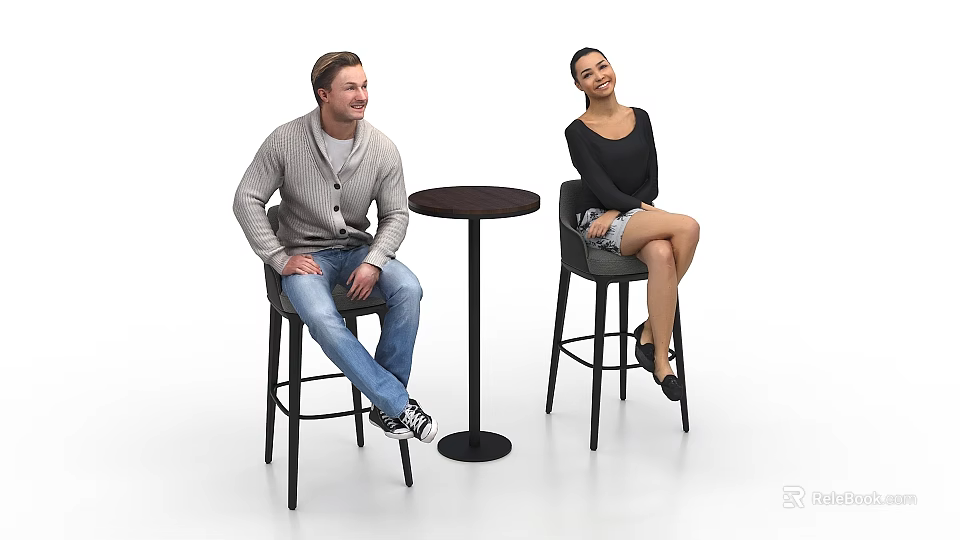 Two People Sitting On Black Bar Stools Next To Round High Table 3d model 