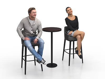Two People Sitting On Black Bar Stools Next To Round High Table 3d model