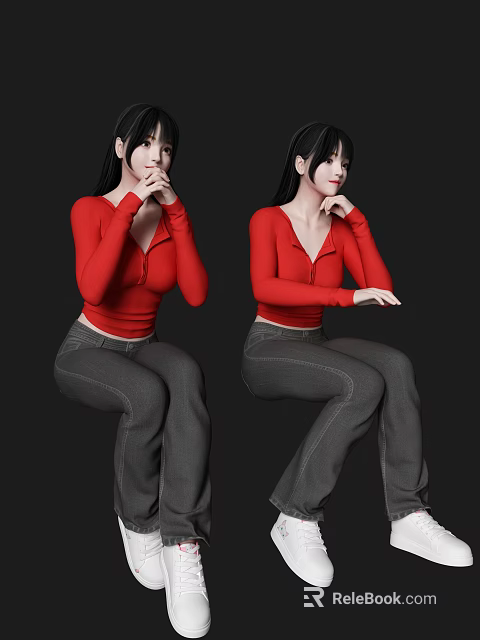 Women In Red Tops And Gray Pants With Different Sitting Poses 3d model 