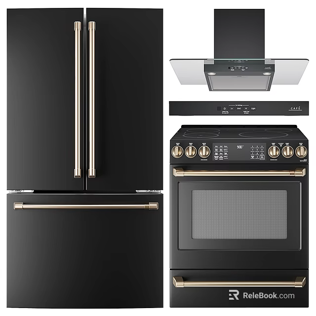 Modern Black Kitchen Appliances Including Refrigerator Range Hood And Oven 3d model 