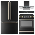 Modern Black Kitchen Appliances Including Refrigerator Range Hood And Oven