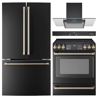 Modern Black Kitchen Appliances Including Refrigerator Range Hood And Oven 3d model