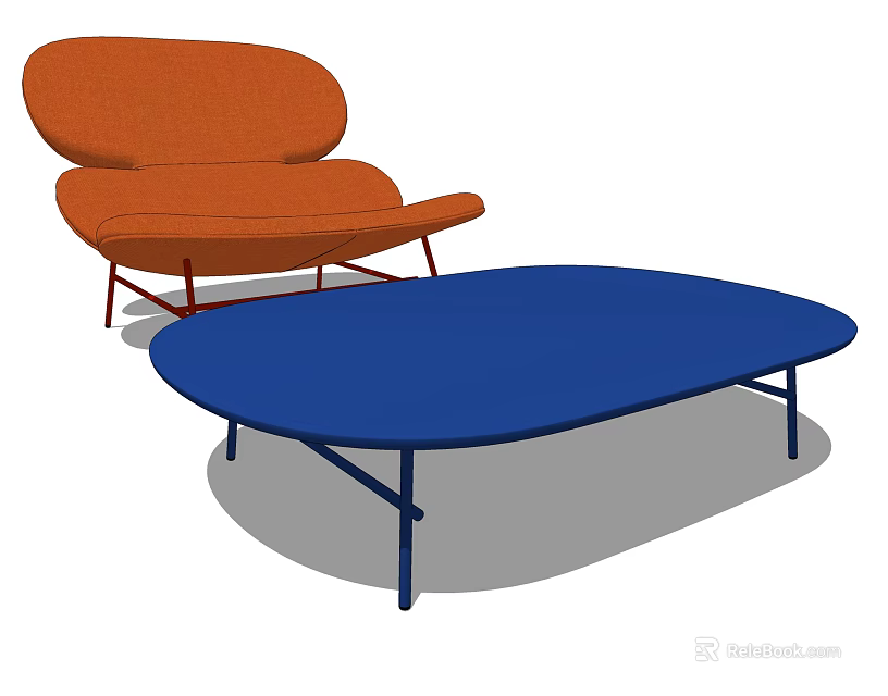 Orange Lounge Chair And Blue Oval Coffee Table In Modern Living Room Interior Design 3d model 