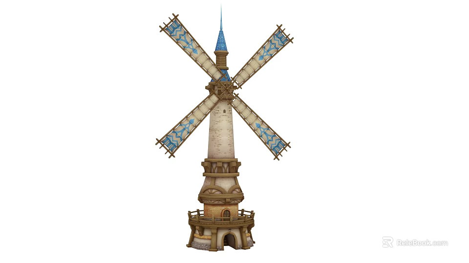 Cartoon Windmill Scene With Blue Spire White Tower Body Brown Base And Blue Patterned Blades 3d model 