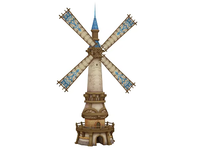 Cartoon Windmill Scene With Blue Spire White Tower Body Brown Base And Blue Patterned Blades 3d model