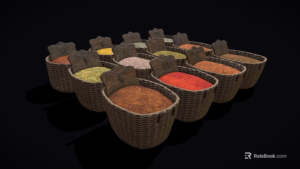 Various Colored Spices in Wicker Baskets with Labels for Daily Living 3d model 