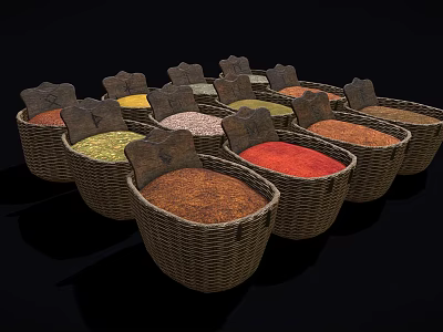 Various Colored Spices in Wicker Baskets with Labels for Daily Living 3d model