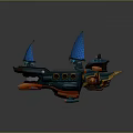Fantasy Teal Ship Model With Blue Sails Mechanical Structure And Gold Accents