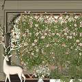 Blooming Climbing Roses and Green Plants on Trellis with White Deer Statue in Indoor Garden