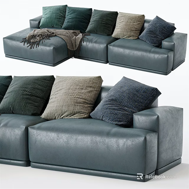 Modern Dark Blue Leather Sectional Sofa With Plush Various Colored Pillows 3d model