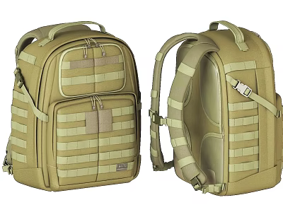 Khaki Tactical Backpack With Multiple Straps Webbing And Front Back Views 3d model