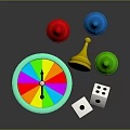 Colorful Board Game Accessories Featuring Spinner Wheel Dice And Red Blue Green Yellow Cone Markers