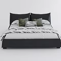 Modern Black Leather Bed Frame With Striped Bedspread And Decorative Pillows 3d model