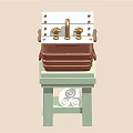 Vintage Copper Kitchen Sink with Golden Faucet on Light Green Stand and Decorative Elements