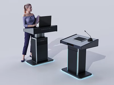 Modern Black Podiums With Laptop Microphone Tablet And Blue LED Lights 3d model