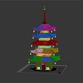 Traditional Five Story Red Pagoda With Black Roof And Illuminated Lanterns