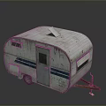 Vintage White Caravan With Blue Stripes Door Windows And Weathered Exterior