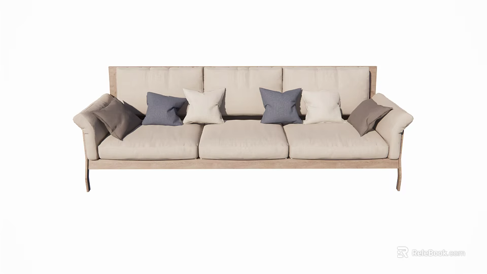 Beige Three Seat Sofa With Armrests And Gray White Throw Pillows 3d model 