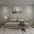 Double Bed Bedroom Interior With Beige Headboard Grey Mattress Nightstand Lamp Sailing Boat Painting And Striped Rug