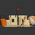 Colorful Beach Sandcastle Scene With Red Flags Orange Bucket Shovel And Beach Ball