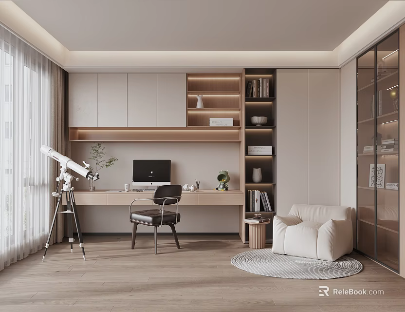 Modern Study Room Interior Design With Wooden Desk Chair Bookshelf Telescope Computer And Plant 3d model 