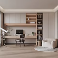 Modern Study Room Interior Design With Wooden Desk Chair Bookshelf Telescope Computer And Plant