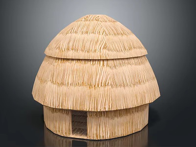 Traditional Wooden Hut With Domed Thatched Roof And Small Doorway 3d model