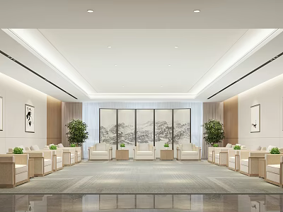 Modern Spacious Hotel Public Lounge With Beige Sofas Green Plants And Landscape Painting Screens 3d model