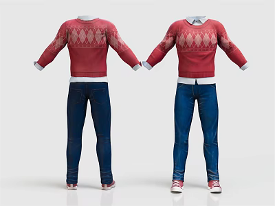 Cute Animal Wearing Red Argyle Sweater And Blue Jeans Outfit 3d model