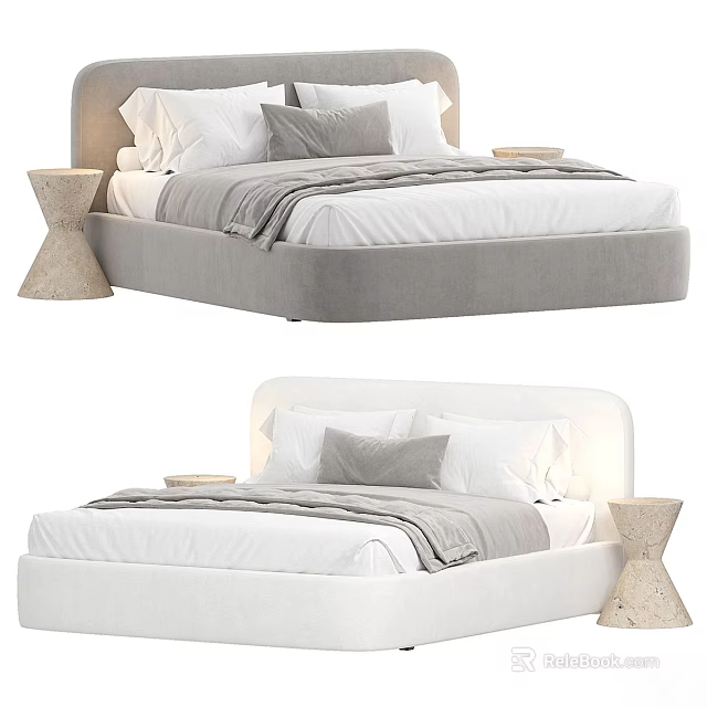 Modern Double Bed Design With Gray And White Upholstery White Sheets And Cone Nightstand 3d model 