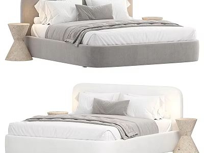 Modern Double Bed Design With Gray And White Upholstery White Sheets And Cone Nightstand 3d model