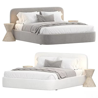 Modern Double Bed Design With Gray And White Upholstery White Sheets And Cone Nightstand 3d model