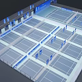 Indoor Sports Fitness Venue With Multiple Tennis Courts Blue Flooring Ceiling Lights And Side Banners