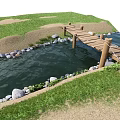 Scenic Wooden Landscape Bridge Over Stream With Grass Sandy Area And Stones