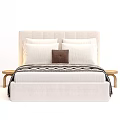 Modern Double Bed With Upholstered Headboard Multiple Pillows Brown Cushion And Striped Blanket