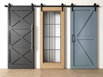 Three Stylish Barn Doors Featuring Dark Gray Wooden And Light Blue Designs 3d model