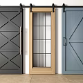 Three Stylish Barn Doors Featuring Dark Gray Wooden And Light Blue Designs
