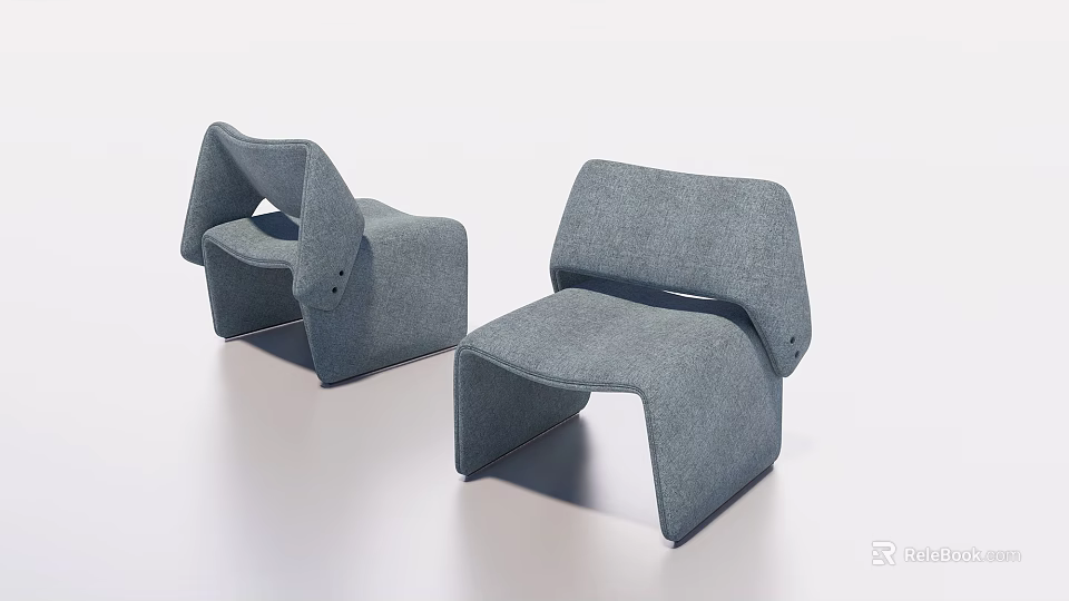 Two Gray Fabric Modern Leisure Chairs With Unique Curved Backrest and Armrest Design 3d model 