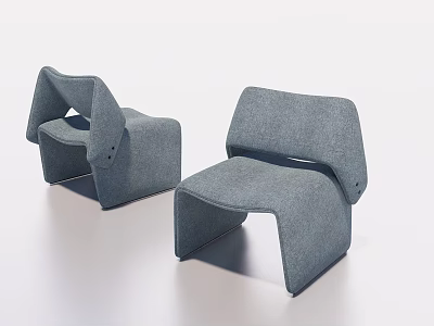 Two Gray Fabric Modern Leisure Chairs With Unique Curved Backrest and Armrest Design 3d model