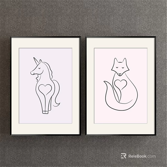 Two Framed Line Art Prints With Unicorn And Fox Heart Designs 3d model 