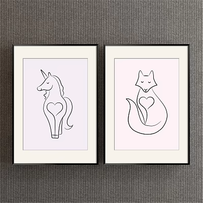 Two Framed Line Art Prints With Unicorn And Fox Heart Designs 3d model