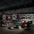 Stylish Bar Interior With Brick Wall Bookshelves Large Screen Fireworks Display And Ceiling Decorations