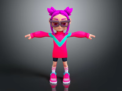 3D Cartoon Character With Pink Pigtails Glasses Pink Outfit Turquoise Accents Arms Outstretched 3d model
