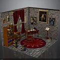 Cozy Study Room Interior With Brick Walls Red Curtains Bookshelf And Desk