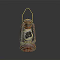 Vintage Red And White Kerosene Lamp With Handle And Black Pattern Design