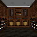 Elegant Wine Cellar Interior With Wooden Racks Arranged Wine Bottles Ceramic Jars And Stone Floor