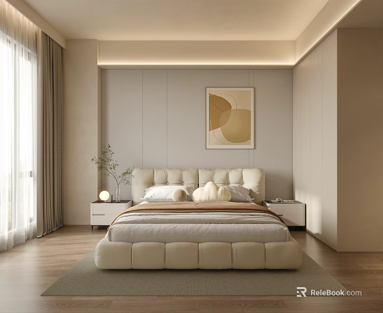 Modern Bedroom Interior Design With Light Colored Walls Plush Pillows And Abstract Art 3d model 